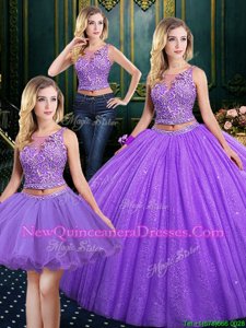 Glorious Scoop Floor Length Three Pieces Sleeveless Purple 15 Quinceanera Dress Lace Up