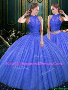 Best Selling Halter Top Royal Blue Lace Up Quinceanera Gowns Lace and Appliques Sleeveless Floor Length