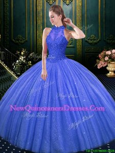 Glittering Blue High-neck Lace Up Lace and Appliques Quinceanera Gowns Sleeveless