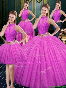 Great Fuchsia High-neck Neckline Lace and Appliques Quinceanera Gowns Sleeveless Lace Up