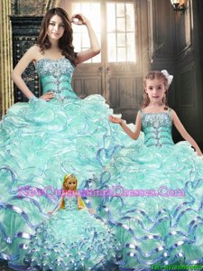 New Style Light Blue Organza Lace Up 15th Birthday Dress Sleeveless Floor Length Beading and Appliques and Ruffles