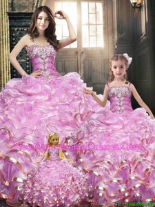 Lilac Ball Gowns Sweetheart Sleeveless Organza Floor Length Lace Up Beading and Appliques and Ruffles Vestidos de Quinceanera