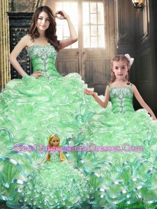 Modern Apple Green Ball Gowns Sweetheart Sleeveless Organza Floor Length Lace Up Beading and Appliques and Ruffles Quinceanera Dress