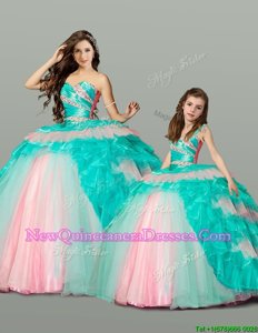 Adorable Sleeveless Organza and Tulle Floor Length Lace Up Sweet 16 Dress inMulti-color withBeading and Ruching