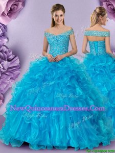 Exquisite Ball Gowns Quinceanera Gowns Baby Blue Off The Shoulder Organza Sleeveless Floor Length Lace Up