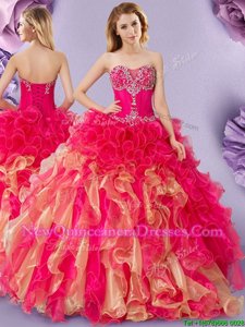 Fabulous Sleeveless Organza Floor Length Lace Up Sweet 16 Dress inHot Pink and Gold withBeading and Ruffles