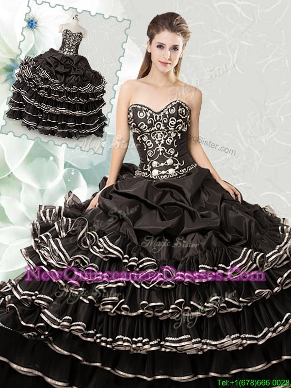 Pretty Black Organza Lace Up Sweetheart Sleeveless Floor Length 15 Quinceanera Dress Beading and Ruffled Layers and Pick Ups