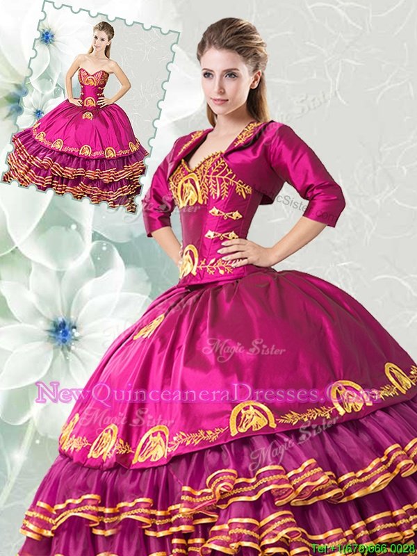 Custom Fit Fuchsia Sleeveless Floor Length Embroidery and Ruffled Layers Lace Up Quinceanera Dresses