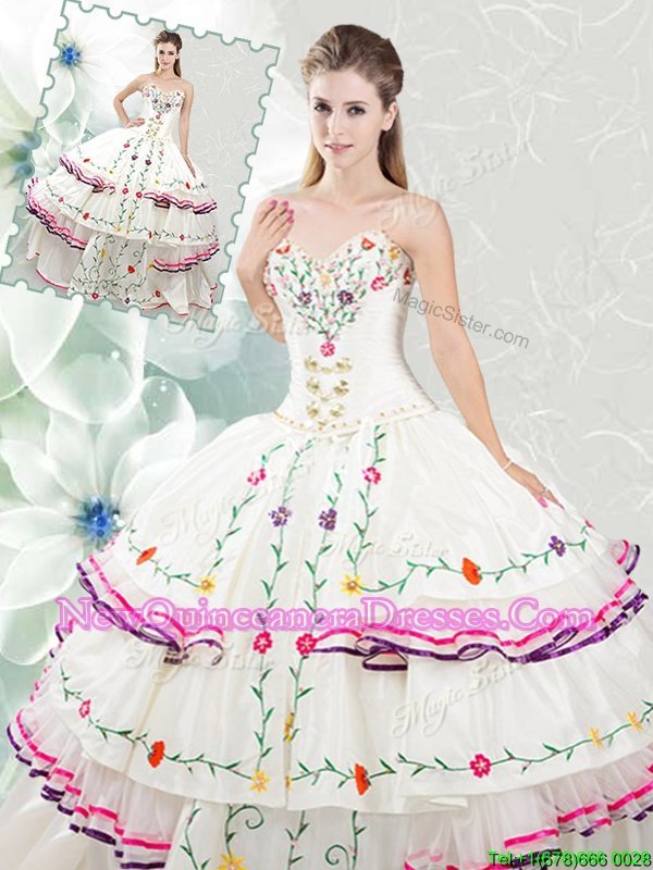 Fantastic Sleeveless Floor Length Embroidery and Ruffled Layers Lace Up Sweet 16 Dress with White