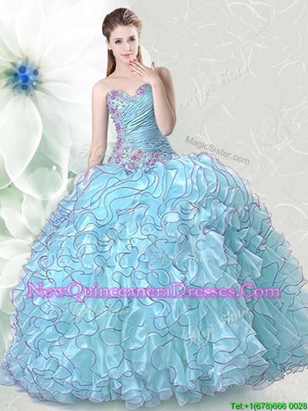 Sleeveless Organza Floor Length Lace Up Quince Ball Gowns inLight Blue withBeading and Ruffles