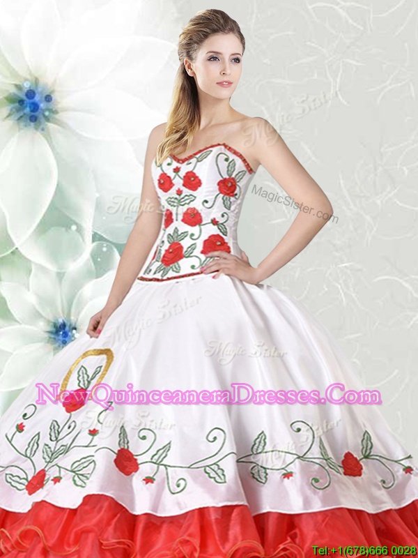 Cute Organza and Taffeta Sweetheart Sleeveless Lace Up Embroidery and Ruffled Layers 15th Birthday Dress in White and Red