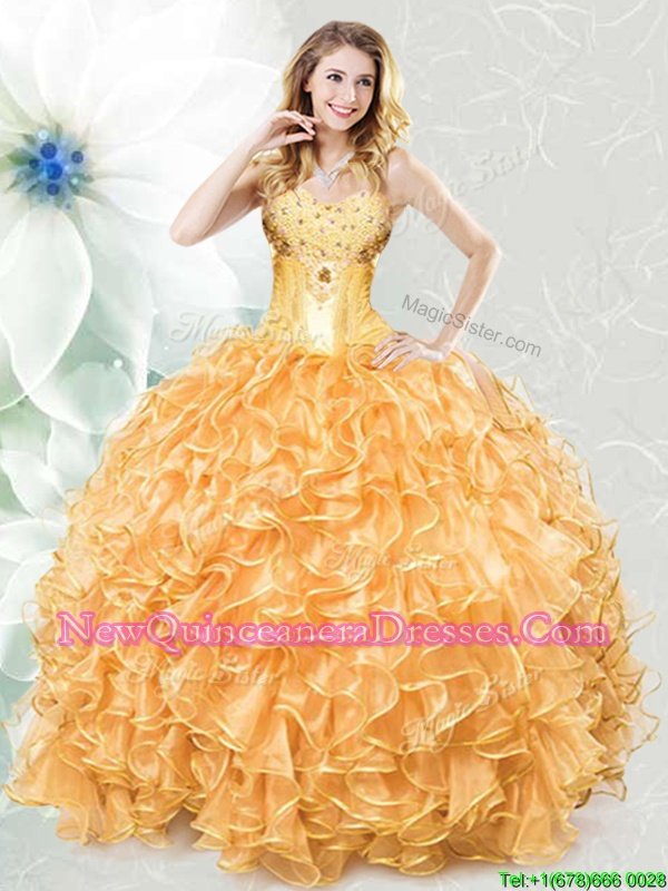 Fancy Gold Organza Lace Up Sweetheart Sleeveless Floor Length Ball Gown Prom Dress Beading and Ruffles