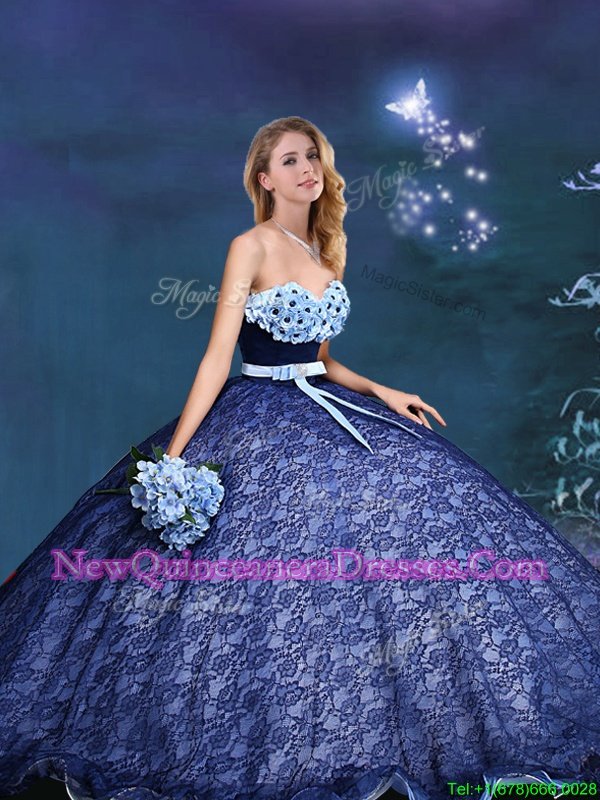 Deluxe Royal Blue Sleeveless Appliques and Bowknot Lace Up Sweet 16 Quinceanera Dress