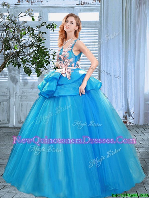 Simple Scoop Blue Organza Lace Up 15th Birthday Dress Sleeveless Floor Length Appliques and Hand Made Flower