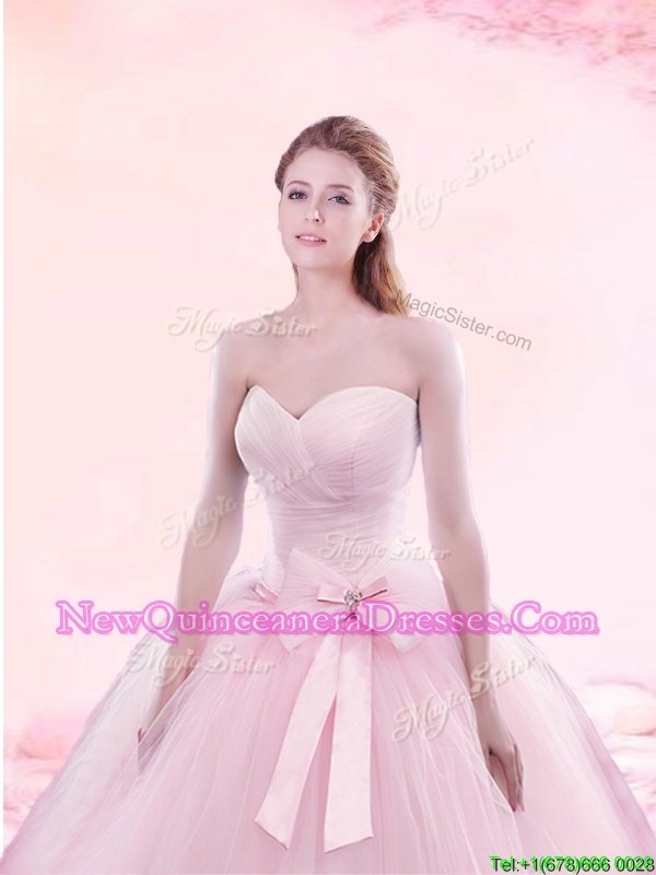 On Sale Sleeveless With Train Ruching and Bowknot Lace Up Quinceanera Gown with Baby Pink Brush Train