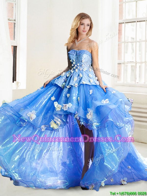 Most Popular Appliques Sweet 16 Dress Blue Lace Up Sleeveless High Low