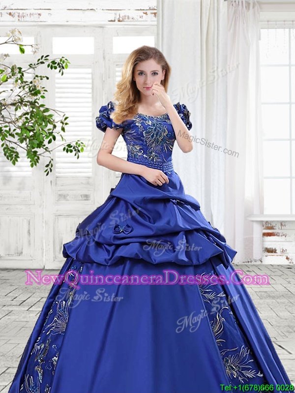 Best Selling Off the Shoulder Pick Ups Floor Length A-line Cap Sleeves Royal Blue Quinceanera Dresses Lace Up