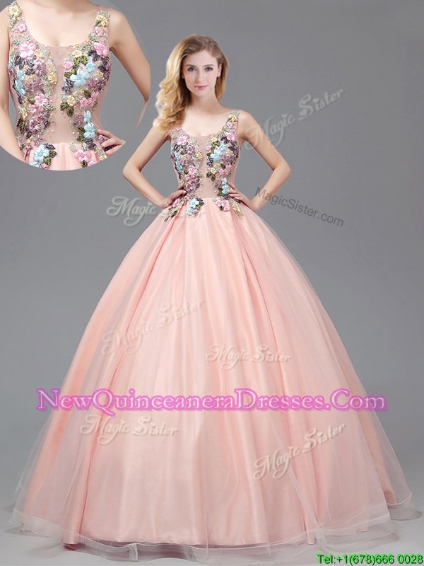 Custom Design Straps Straps Floor Length A-line Sleeveless Peach Sweet 16 Quinceanera Dress Criss Cross