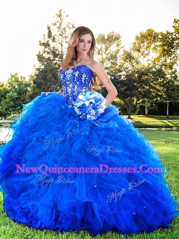 Gorgeous Tulle Strapless Sleeveless Lace Up Beading and Ruffles 15th Birthday Dress inRoyal Blue
