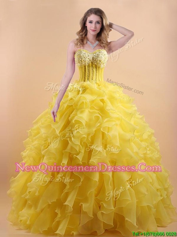 Best Floor Length Lace Up Sweet 16 Dresses Yellow and In for Prom withAppliques and Ruffles