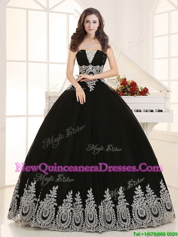 Captivating Sweetheart Sleeveless Lace Up Quinceanera Gown Black Tulle