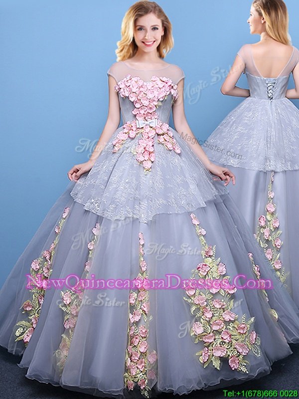 Beautiful Scoop Floor Length Ball Gowns Cap Sleeves Grey Quinceanera Gown Lace Up
