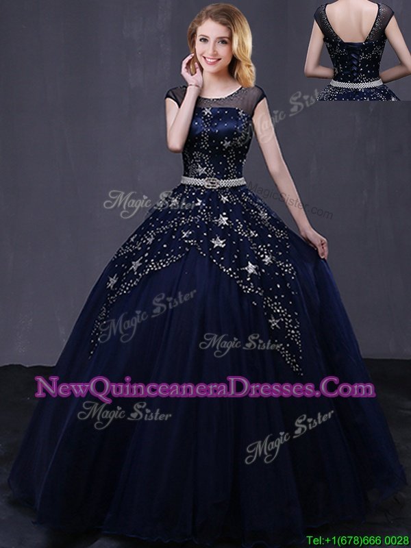 Exquisite Black Ball Gowns Scoop Cap Sleeves Tulle Floor Length Lace Up Beading and Belt Sweet 16 Dress
