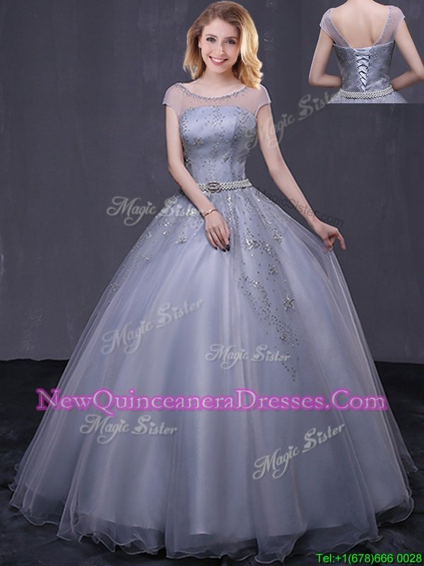 Suitable Scoop Cap Sleeves Beading and Belt Lace Up Vestidos de Quinceanera