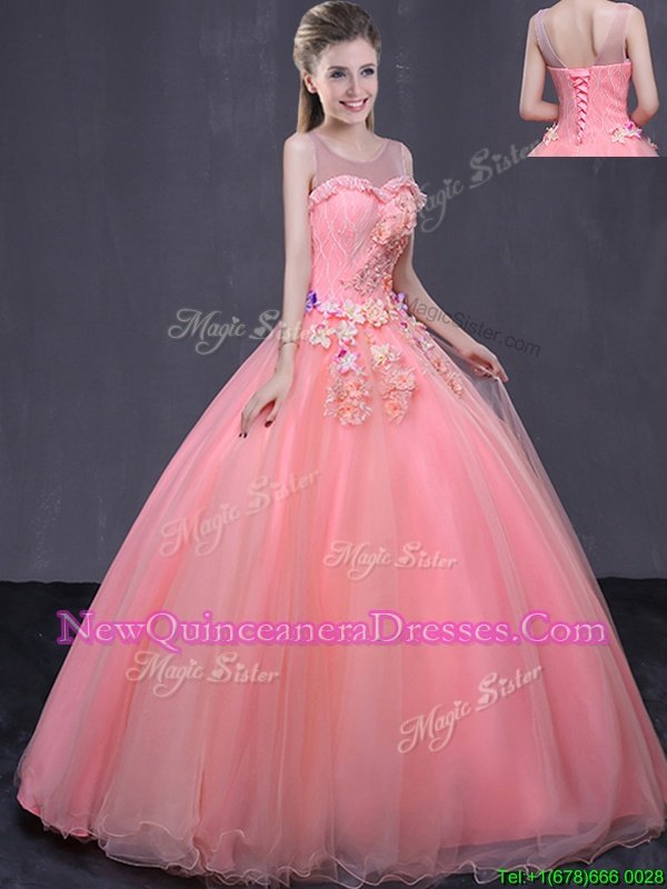 Great Scoop Sleeveless Lace Up Quinceanera Gown Watermelon Red Tulle