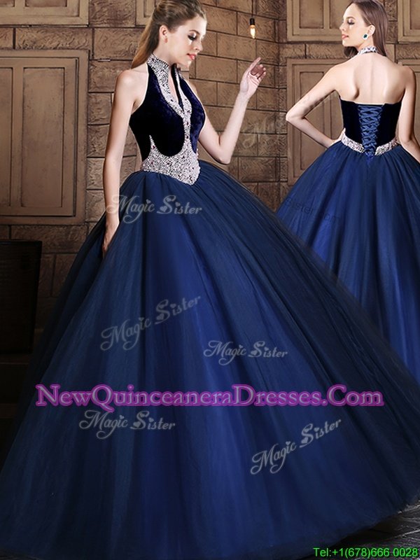 High Class Navy Blue Halter Top Neckline Beading 15th Birthday Dress Sleeveless Lace Up