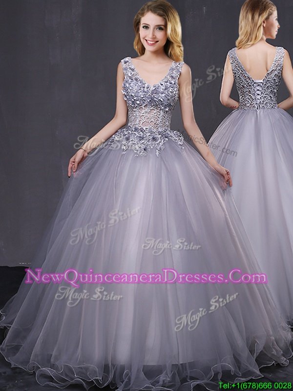 Appliques Quince Ball Gowns Grey Lace Up Sleeveless Floor Length