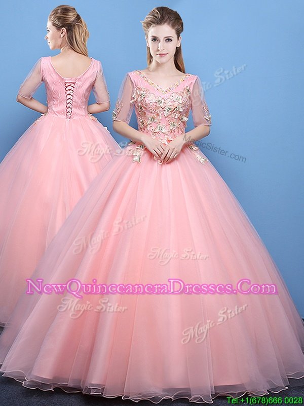 Graceful V-neck Half Sleeves 15th Birthday Dress Floor Length Appliques Baby Pink Tulle