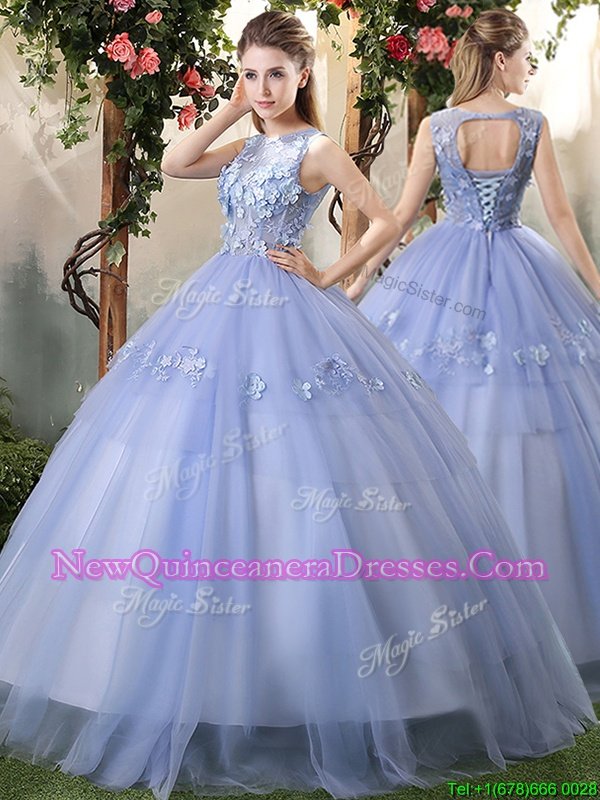 Glamorous Bateau Sleeveless Tulle Sweet 16 Quinceanera Dress Appliques Lace Up