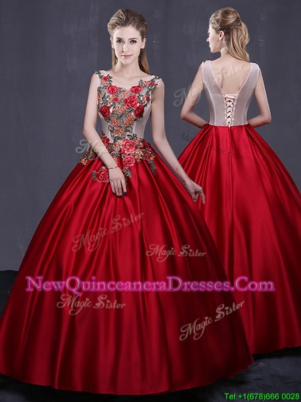 Attractive Scoop Wine Red Sleeveless Floor Length Appliques Lace Up Quinceanera Gown