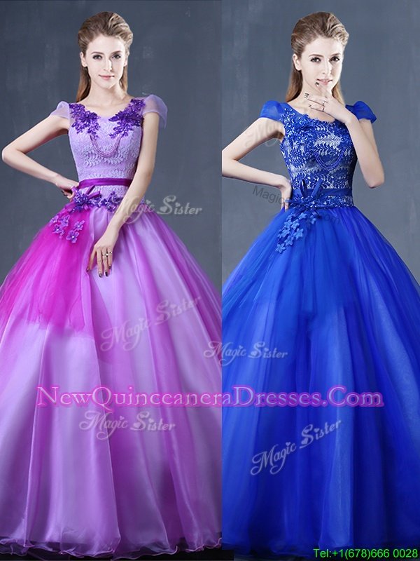 Admirable Lace and Appliques Sweet 16 Dresses Purple Lace Up Short Sleeves Floor Length