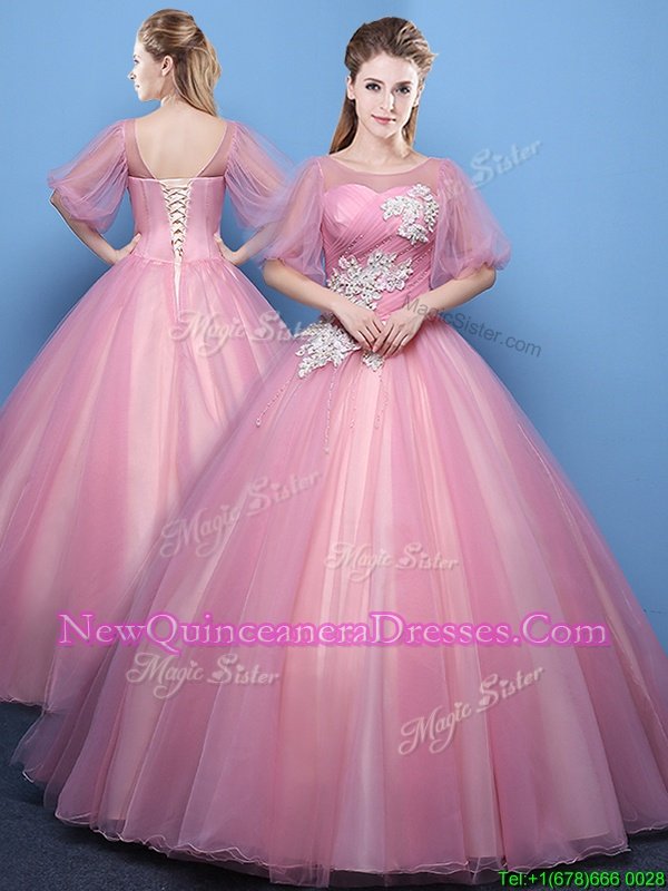 Artistic Scoop Half Sleeves Tulle Sweet 16 Quinceanera Dress Appliques Lace Up
