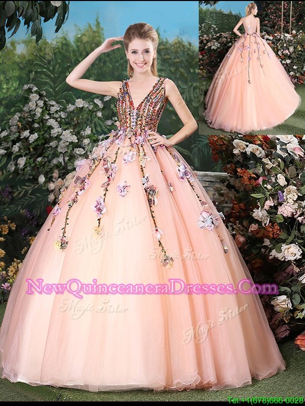 Fabulous Sleeveless Brush Train Appliques Lace Up Quinceanera Dress