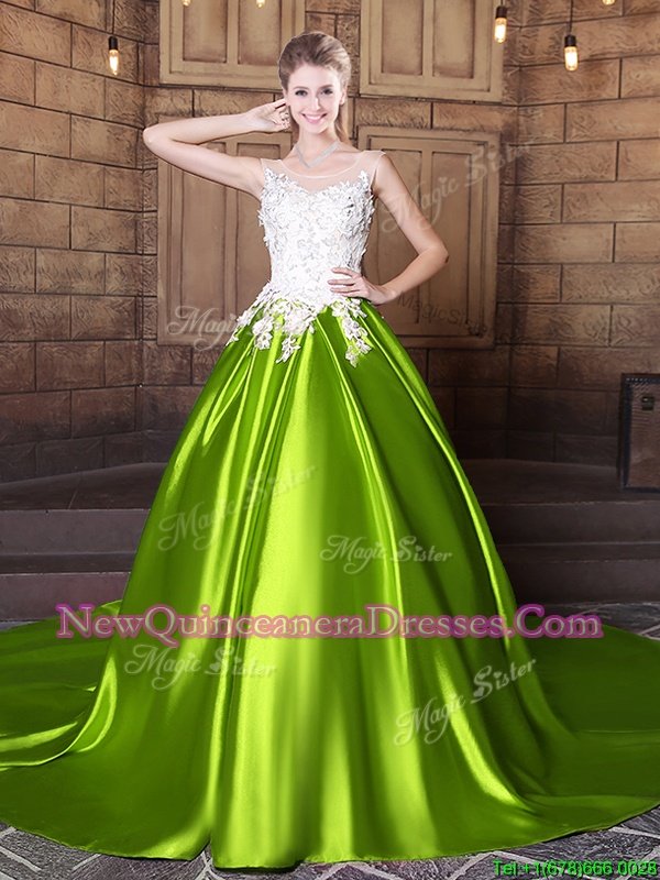 Clearance Scoop Lace and Appliques Quinceanera Dresses Yellow Green Lace Up Sleeveless With Train Court Train