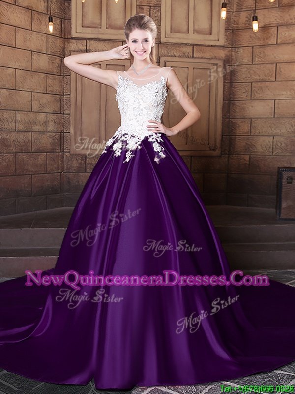 Charming Scoop White And Purple Sleeveless With Train Lace and Appliques Lace Up Quince Ball Gowns