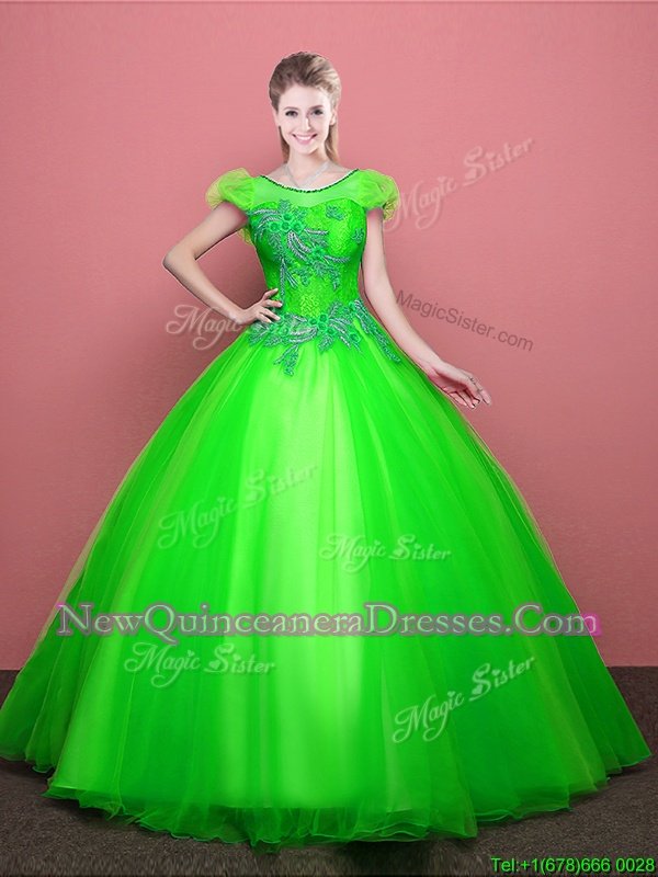 Suitable Scoop Spring Green Short Sleeves Tulle Lace Up Quince Ball Gowns for Military Ball and Sweet 16 and Quinceanera