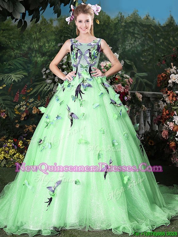 Apple Green Scoop Neckline Appliques Sweet 16 Quinceanera Dress Sleeveless Zipper