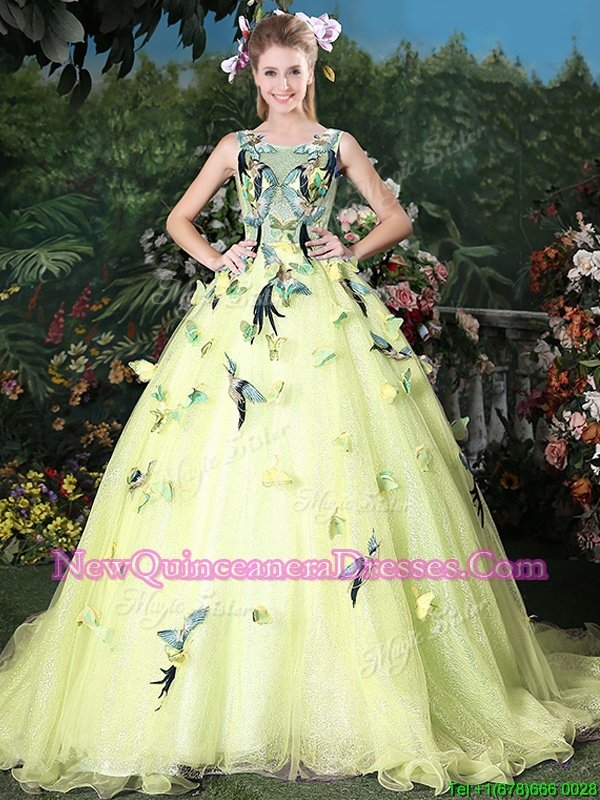 Ideal Scoop Appliques Quinceanera Gowns Light Yellow Zipper Sleeveless Brush Train