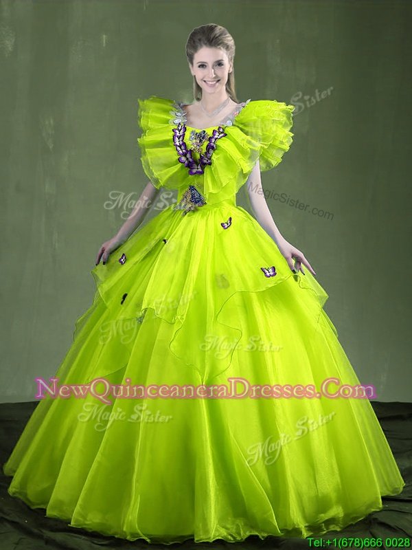 On Sale Yellow Green Sleeveless Floor Length Appliques and Ruffles Lace Up Sweet 16 Quinceanera Dress