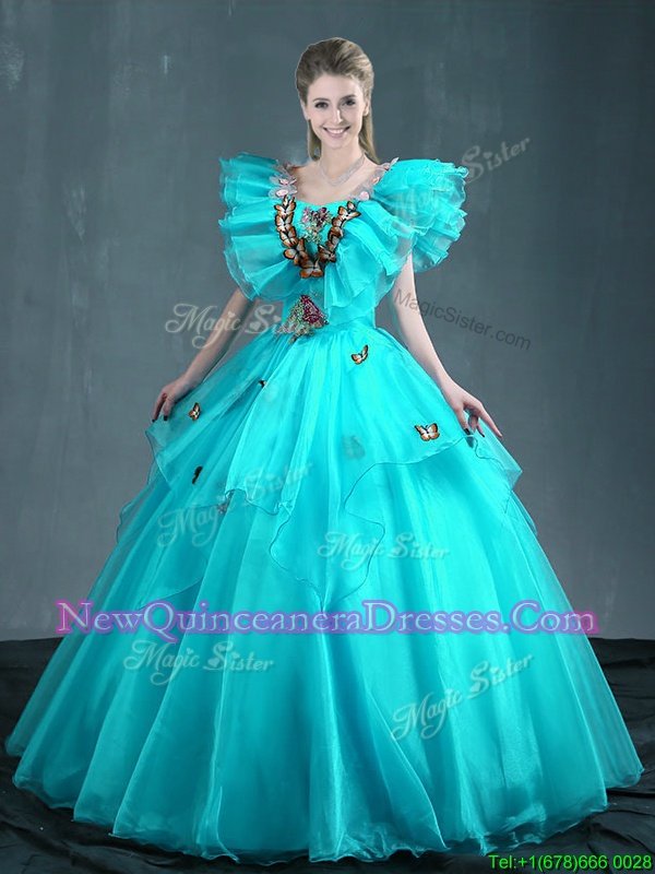 Delicate Aqua Blue Ball Gowns Sweetheart Sleeveless Organza Floor Length Lace Up Embroidery Sweet 16 Dresses
