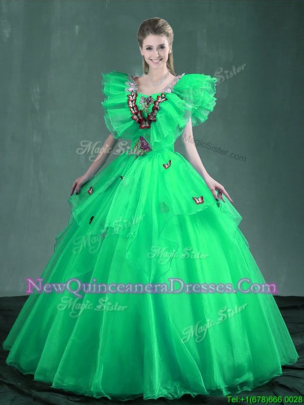 Pretty Square Embroidery Quinceanera Dress Turquoise and Apple Green Lace Up Sleeveless Floor Length