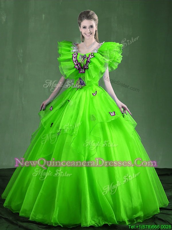 Sophisticated Organza Sweetheart Sleeveless Lace Up Appliques and Ruffles Quinceanera Gowns inSpring Green