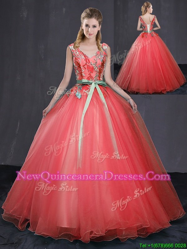New Arrival V-neck Sleeveless Lace Up 15th Birthday Dress Coral Red Tulle