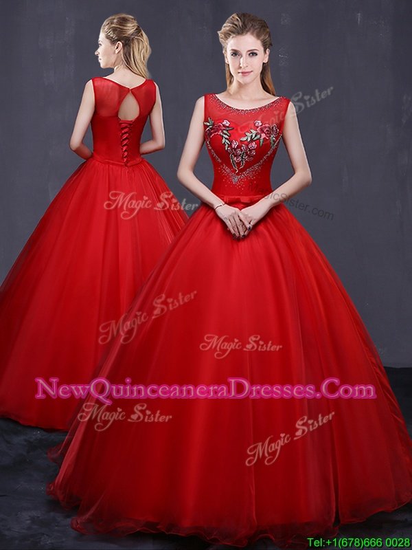Amazing Scoop Red Sleeveless Beading and Embroidery Floor Length Quinceanera Gowns