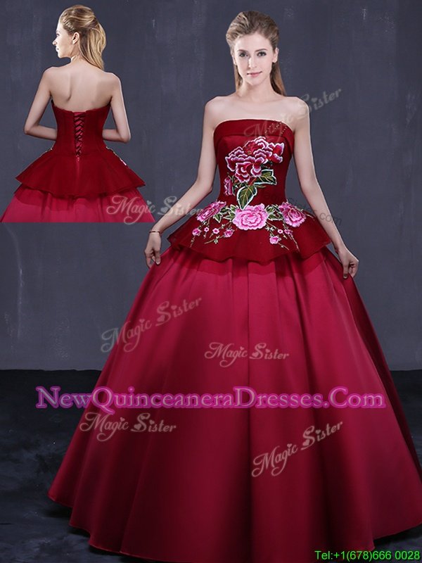 Pretty Wine Red Sleeveless Floor Length Embroidery Lace Up Sweet 16 Dresses