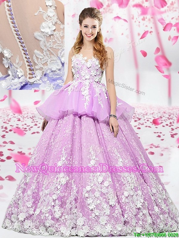 Spectacular Scoop Lilac Lace Up Sweet 16 Dress Lace and Appliques Sleeveless Floor Length